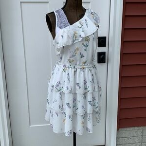 one shoulder mini dress peplum style flowing fabric garden flower print fairy